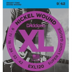 Cordes guitare électrique D'Addario EXL120. Nickel Round W. .009-.042 Super Light