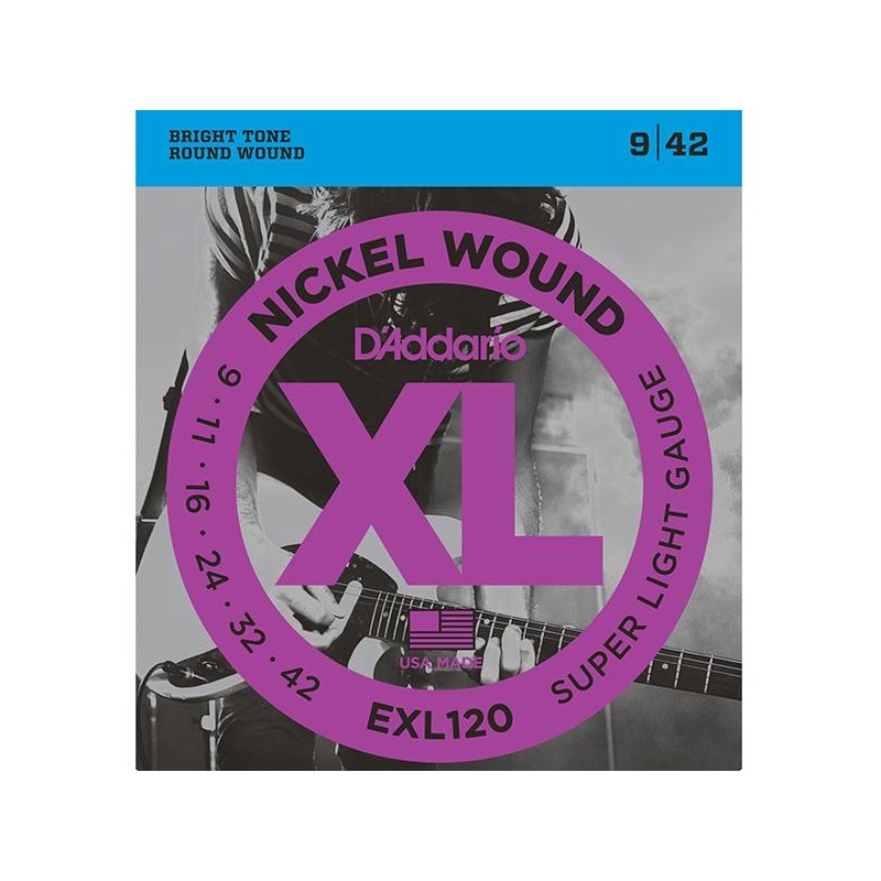 Cordes guitare électrique D'Addario EXL120. Nickel Round W. .009-.042 Super Light