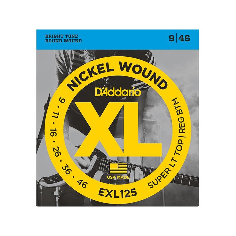 Cordes guitare électrique D'Addario EXL 125 El. Nickel Round W. .009-.046 Super Top / Reg. Bottom